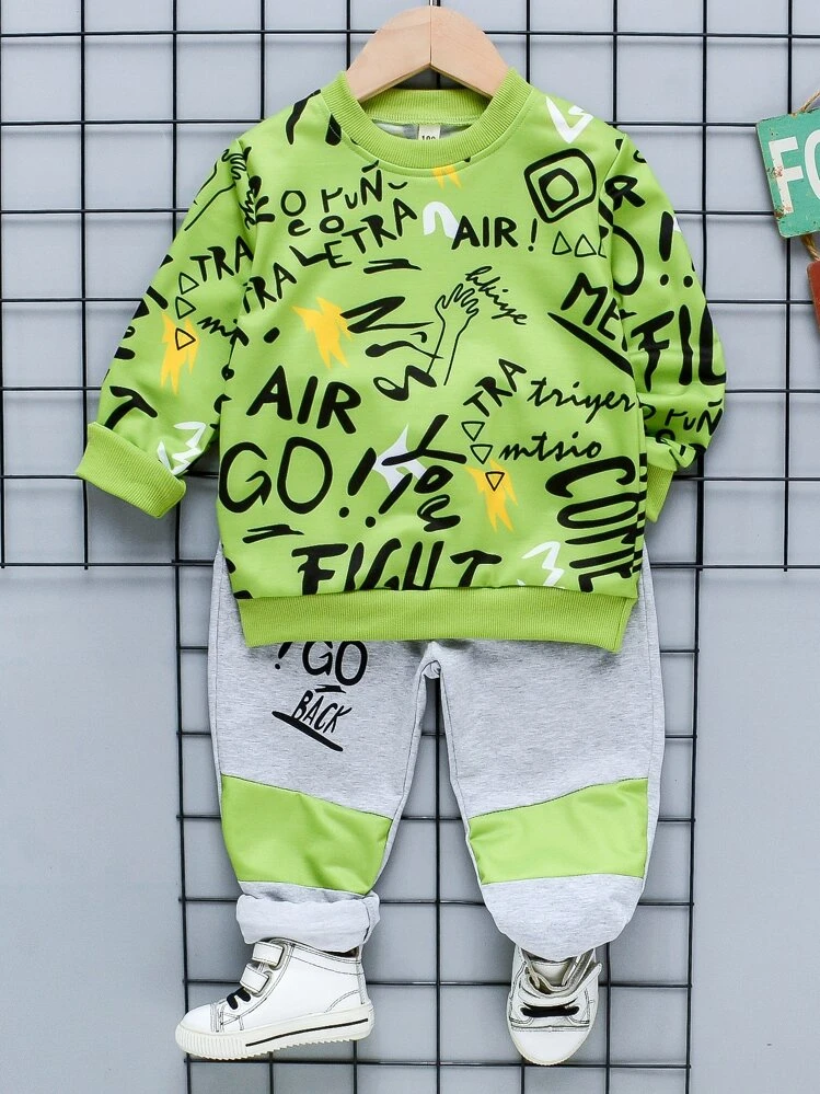 SHEIN Jersey Con Estampado De Grafiti Para Niño Joven Y Pantalones Deportivos Con Panel En Contraste - Multicolor - Añade 1