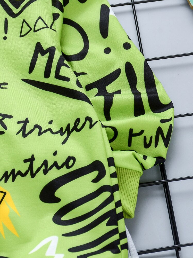 SHEIN Jersey Con Estampado De Grafiti Para Niño Joven Y Pantalones Deportivos Con Panel En Contraste - Multicolor - Añade 3
