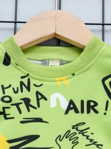 SHEIN Young Boy 塗鴉印花套頭衫與撞色拼接運動褲 - 彩色 - 查看 4