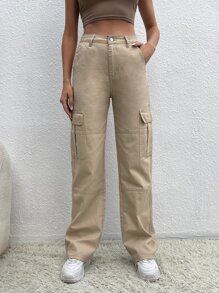 SHEIN Tall 翻蓋口袋工裝牛仔褲 - 卡其色 - 查看 3