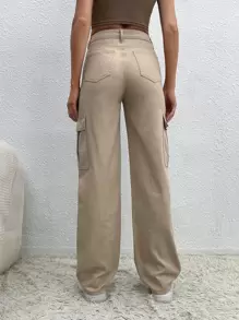 SHEIN Tall 翻蓋口袋工裝牛仔褲 - 卡其色 - 查看 2