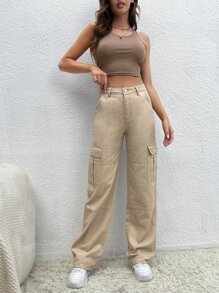 SHEIN Tall 翻蓋口袋工裝牛仔褲 - 卡其色 - 查看 1