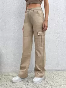 SHEIN Tall 翻蓋口袋工裝牛仔褲 - 卡其色 - 查看 4