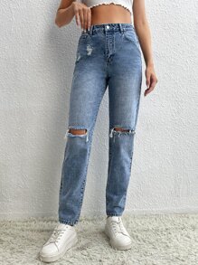 SHEIN Tall High Waist Ripped Mom Fit Jeans - Medium Wash - View 1
