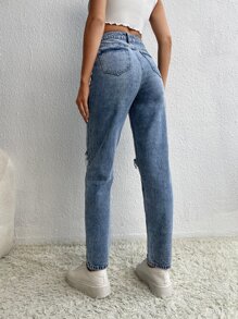 SHEIN Tall High Waist Ripped Mom Fit Jeans - Medium Wash - View 2