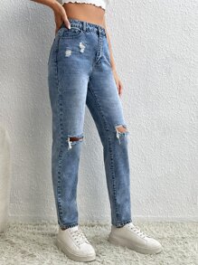 SHEIN Tall High Waist Ripped Mom Fit Jeans - Medium Wash - View 3