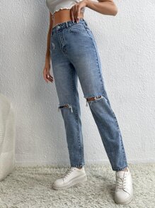 SHEIN Tall High Waist Ripped Mom Fit Jeans - Medium Wash - View 5