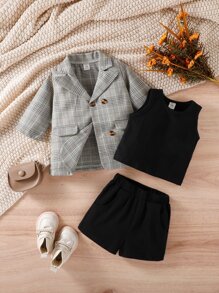 SHEIN Baby Mädchen Kariert Blazer & Tank Top & Shorts Set, Weihnachten Mädchen Blazer Set