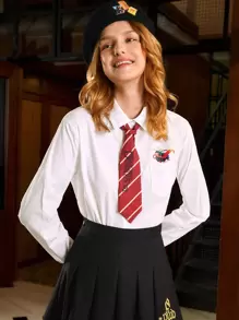 FANTASTIC BEASTS | SHEIN Cartoon Graphic Button Front Shirt With Tie - White - View 1