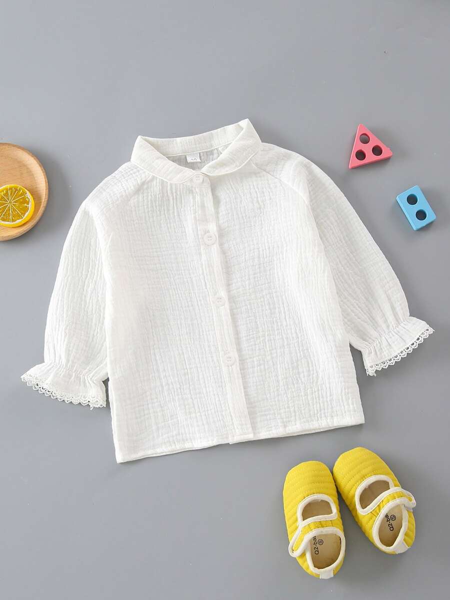 Baby Flounce Sleeve Button Up Solid Blouse - White - View 1