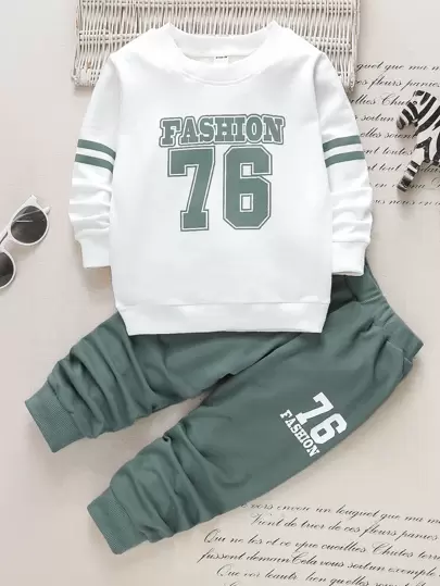 SHEIN Genkimix Kids 男童字母圖形連帽運動衫配運動長褲