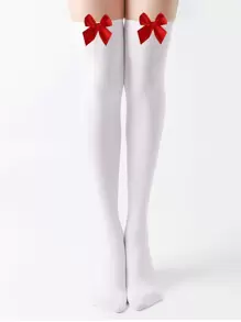 1pair Women's White Bowknot Over Knee High Socks, Thin & Cute & Sexy Preppy Style For Party - White - View 2