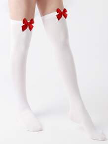 1pair Women's White Bowknot Over Knee High Socks, Thin & Cute & Sexy Preppy Style For Party - White - View 3