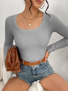 SHEIN Essnce Scoop Neck Ribbed Knit Jumper - Grey - View 6