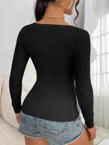 SHEIN Essnce Scoop Neck Ribbed Knit Sweater,Long Sleeve Tops - Black - View 2