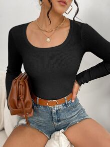 SHEIN Essnce Scoop Neck Ribbed Knit Sweater,Long Sleeve Tops - Black - View 6