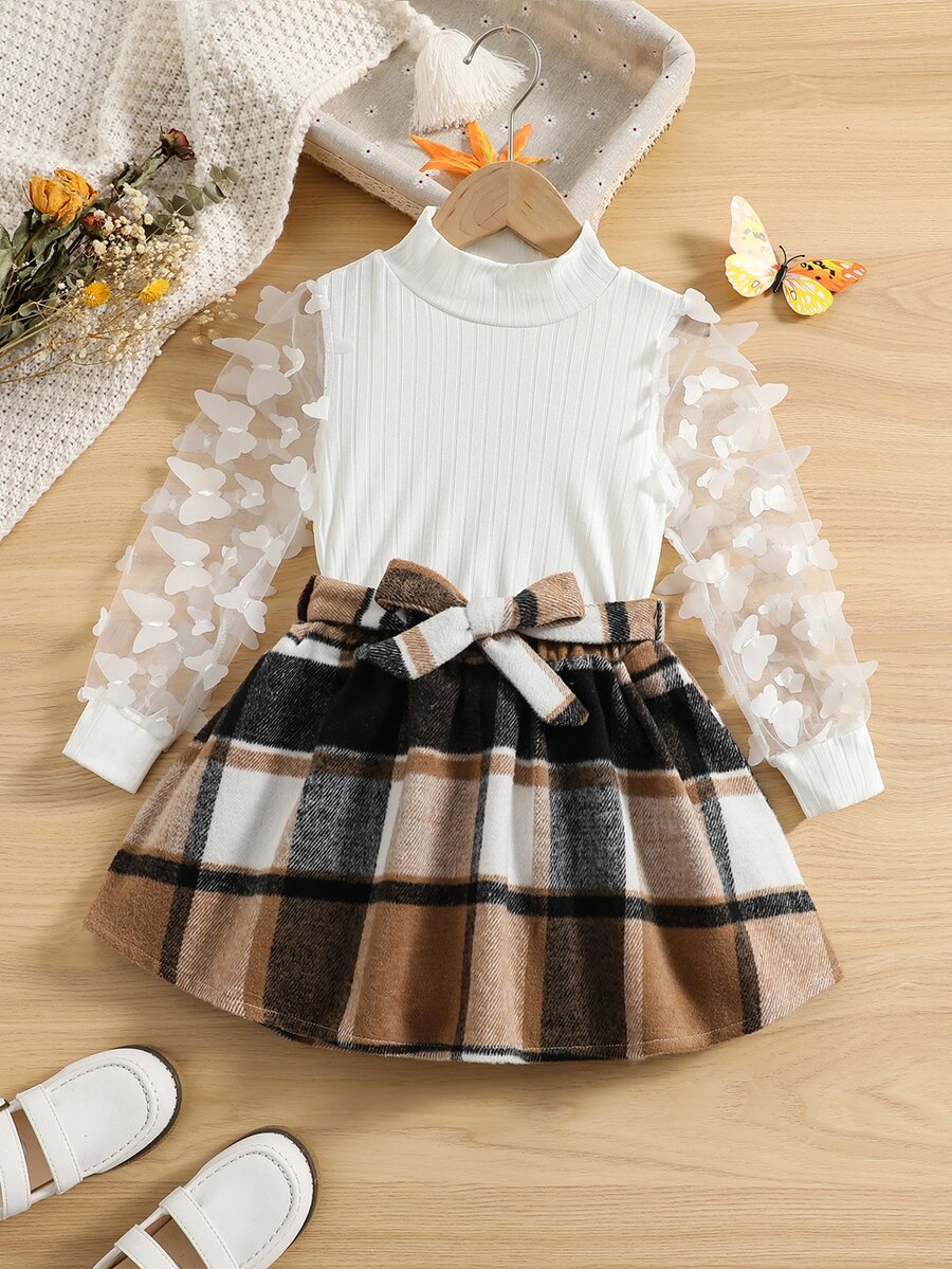 小女童蝴蝶貼花小高領T恤和格紋腰帶半身裙 - 彩色 - 查看 1