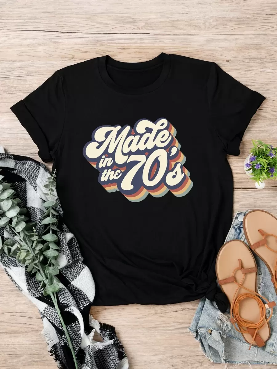 SHEIN LUNE Plus Slogan Graphic Tee, Made In The 70's, Women Summer Top