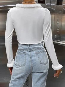 Fuzzy Trim Knot Front Crop Top - White - View 2