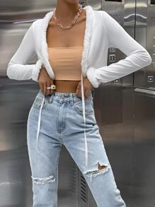 Fuzzy Trim Knot Front Crop Top - White - View 4