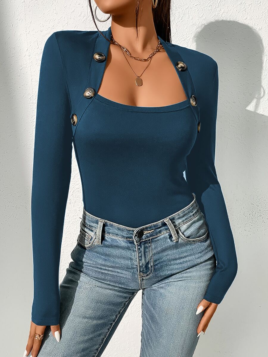 SHEIN Privé 假鈕扣方領T恤 - 水鴨藍 - 查看 1