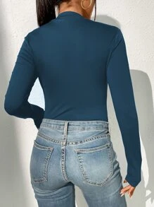 SHEIN Privé 假鈕扣方領T恤 - 水鴨藍 - 查看 2