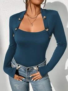 SHEIN Privé 假鈕扣方領T恤 - 水鴨藍 - 查看 4