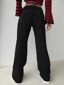 SHEIN ICON Quần jean nữ Nút Chuỗi Túi Dây kéo màu trơn - màu đen - Xem 2