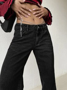 SHEIN ICON Quần jean nữ Nút Chuỗi Túi Dây kéo màu trơn - màu đen - Xem 3