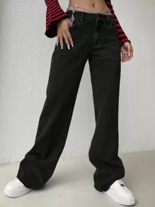 SHEIN ICON Quần jean nữ Nút Chuỗi Túi Dây kéo màu trơn - màu đen - Xem 6