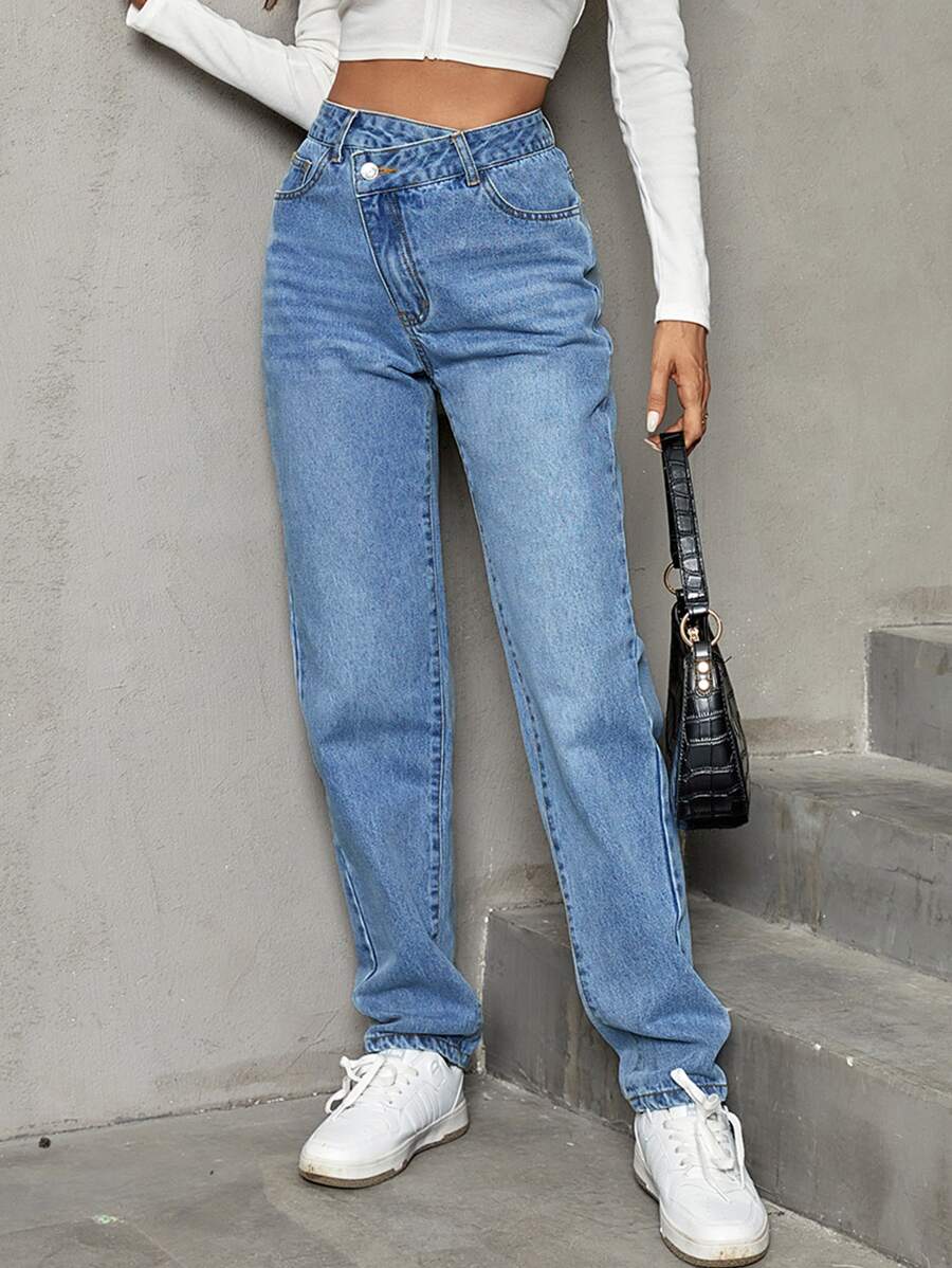 SHEIN Frenchy Stepped Waist Straight Leg Jeans - Medium Wash - View 1