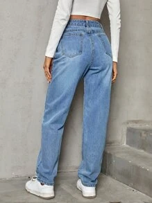 SHEIN Frenchy Stepped Waist Straight Leg Jeans - Medium Wash - View 2