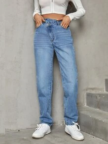 SHEIN Frenchy Stepped Waist Straight Leg Jeans - Medium Wash - View 6