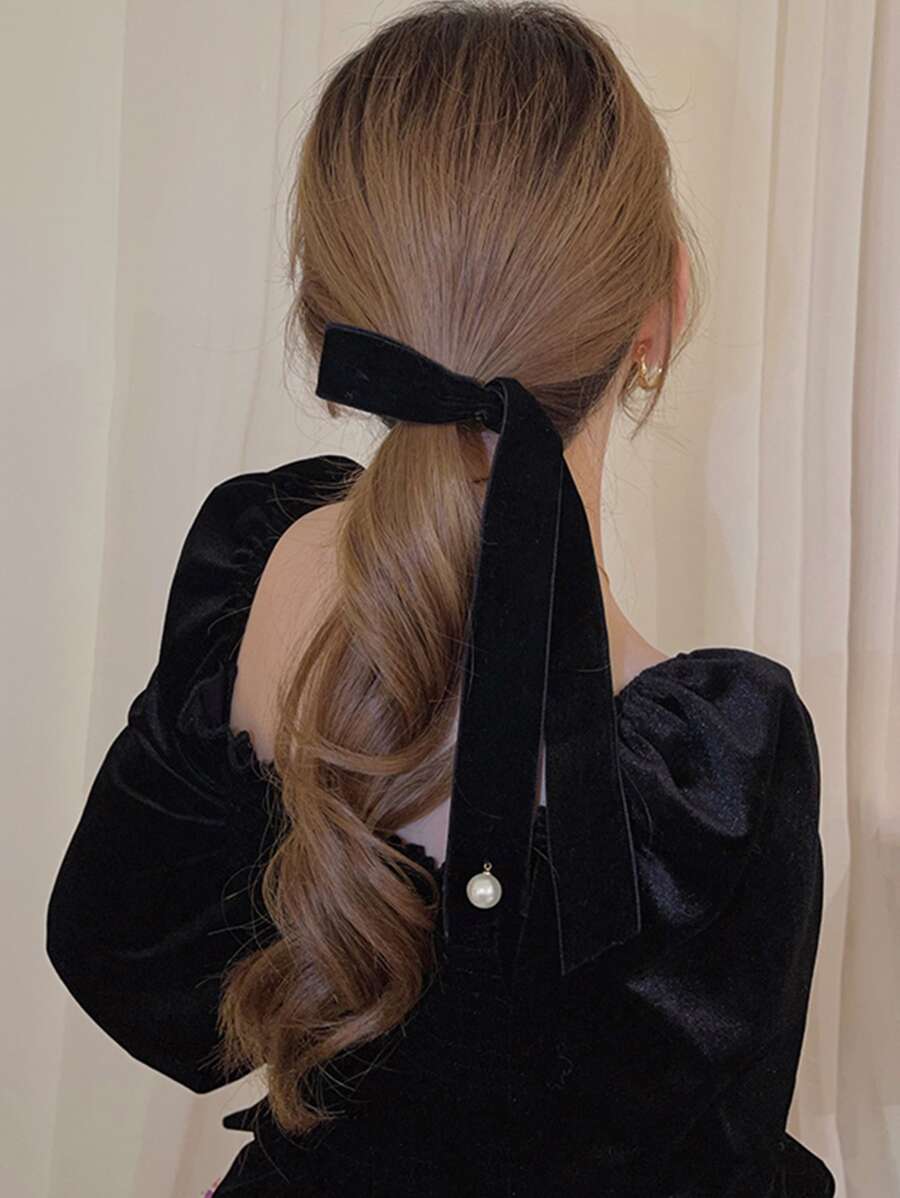 1pc French Style Long Ribbon & Pearl Decor Hair Clip, Elegant & Vintage Headwear For Women, Suitable For Any Occasion