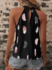 SHEIN LUNE Feather Print Keyhole Back Blouse - Black - View 2