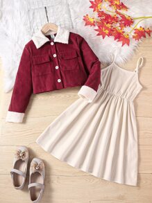 Girls Contrast Borg Collar Jacket & Cami Dress - Multicolor - View 1