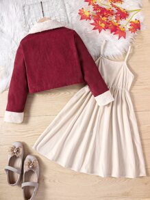 Girls Contrast Borg Collar Jacket & Cami Dress - Multicolor - View 2