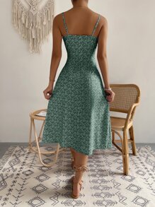 Breezaya Đầm Thắt nút Dây kéo Tách cao Nếp gấp Phần Ngực Hoa Boho - Màu xanh lá cây đậm - Xem 2