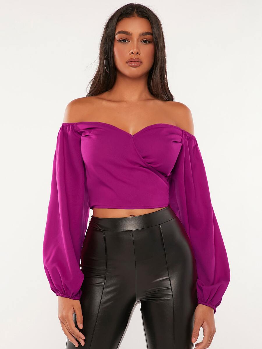 SHEIN Tall Off Shoulder Lantern Sleeve Crop Blouse - Purple - View 1