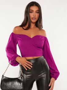 SHEIN Tall Off Shoulder Lantern Sleeve Crop Blouse - Purple - View 4