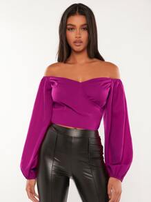 SHEIN Tall Off Shoulder Lantern Sleeve Crop Blouse - Purple - View 5