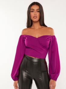 SHEIN Tall Off Shoulder Lantern Sleeve Crop Blouse - Purple - View 6