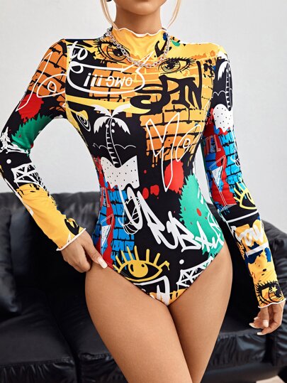 SHEIN ICON Graffiti Print Lettuce Trim Mock Neck Bodysuit