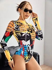 SHEIN ICON 塗鴉圖案木耳邊小高領連身背心 - 彩色 - 查看 3