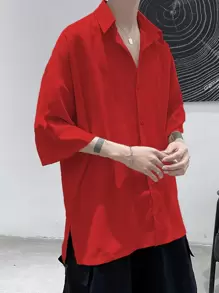 Manfinity Hypemode Men Split Hem Drop Shoulder Shirt - Red - View 1