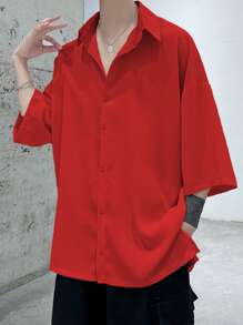 Manfinity Hypemode Men Split Hem Drop Shoulder Shirt - Red - View 3