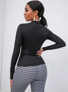 SHEIN EZwear 骷髏水鑽羅紋針織修身T恤 - 黑色 - 查看 2