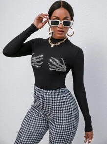 SHEIN EZwear 骷髏水鑽羅紋針織修身T恤 - 黑色 - 查看 3