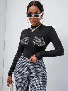 SHEIN EZwear 骷髏水鑽羅紋針織修身T恤 - 黑色 - 查看 4