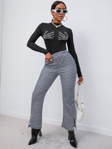 SHEIN EZwear 骷髏水鑽羅紋針織修身T恤 - 黑色 - 查看 5